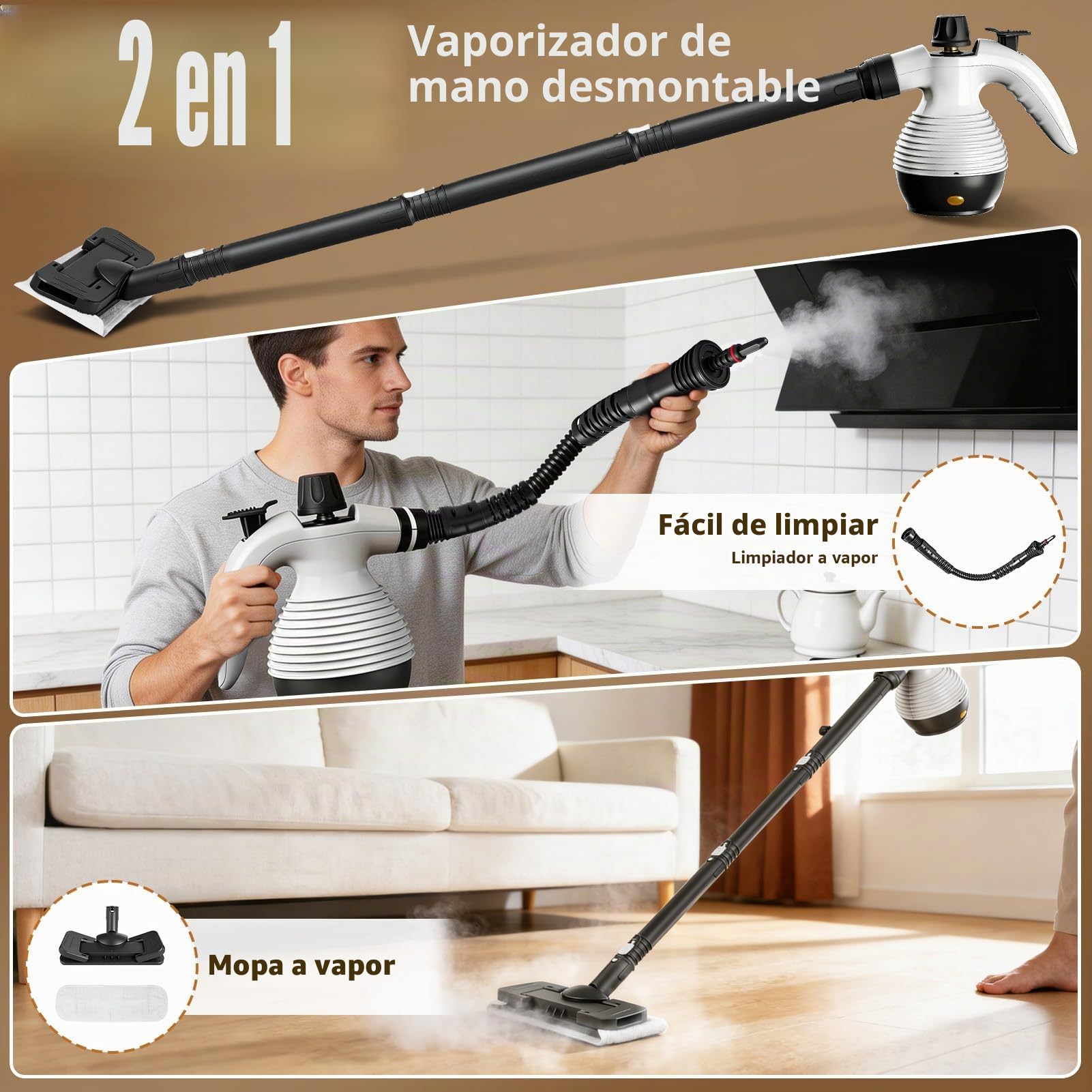 2 en 1 Limpiador a Vapor/Fregona Vapor, 1050W Steam Cleaner 135°C Calentamiento Rápido con 350ml Depósito, Limpiador de Vapor para Diversas Superficies Como Azulejos Sofás y Cocinas