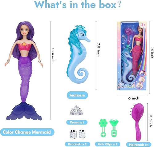 Miniatura 6 de BETTINA Muñeca mágica de sirena que cambia de color, juguete de princesa sirena con caballito de mar y accesorios de muñecas, cabello morado