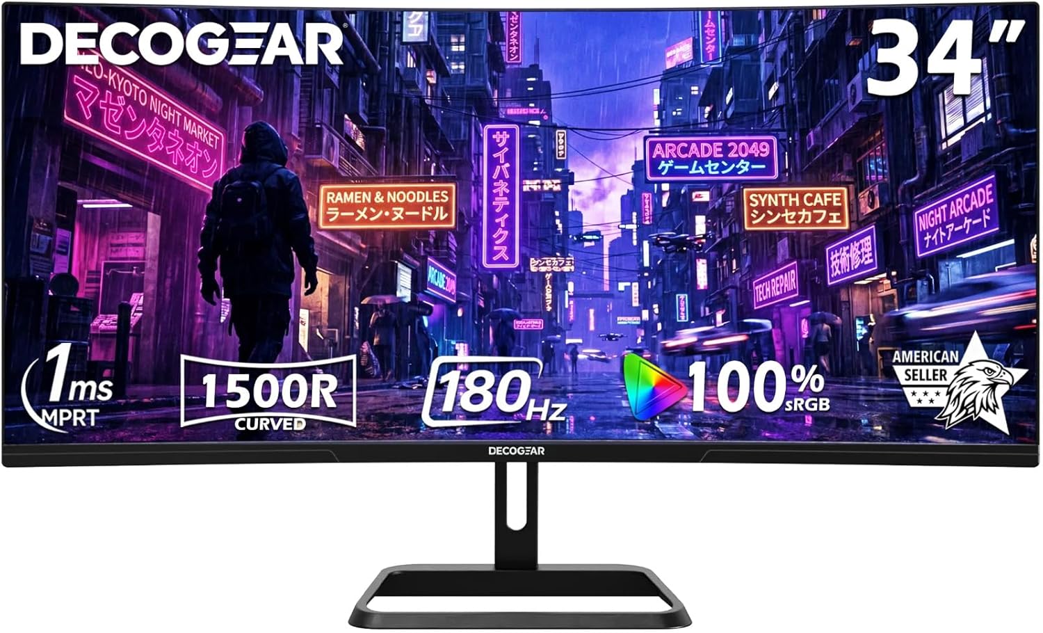 Deco Gear 34” Curved Gaming Monitor, 180Hz 3440×1440 Ultrawide UWQHD Screen for Laptop & PC, Adaptive Sync, R1500 VA Panel, HDR, 100% sRGB, Dual HDMI/DP, 21:9, VESA Mount, American Seller