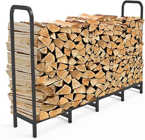 Miniatura 10 de Soporte para leña de 8 pies, ajustable, resistente, apilador de troncos para chimenea, organizador de almacenamiento de pilas de madera de metal