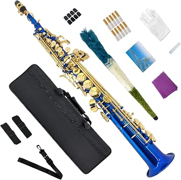Straight Bb Soprano Saxophone Brass Woodwind Instrument Beautiful Blue Lacquer straight Sax for Beginners Combo Set with Carrying Case Accessories