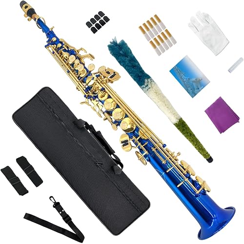 Straight Bb Soprano Saxophone Brass Woodwind Instrument Beautiful Blue Lacquer straight Sax for Beginners Combo Set with Carrying Case Accessories