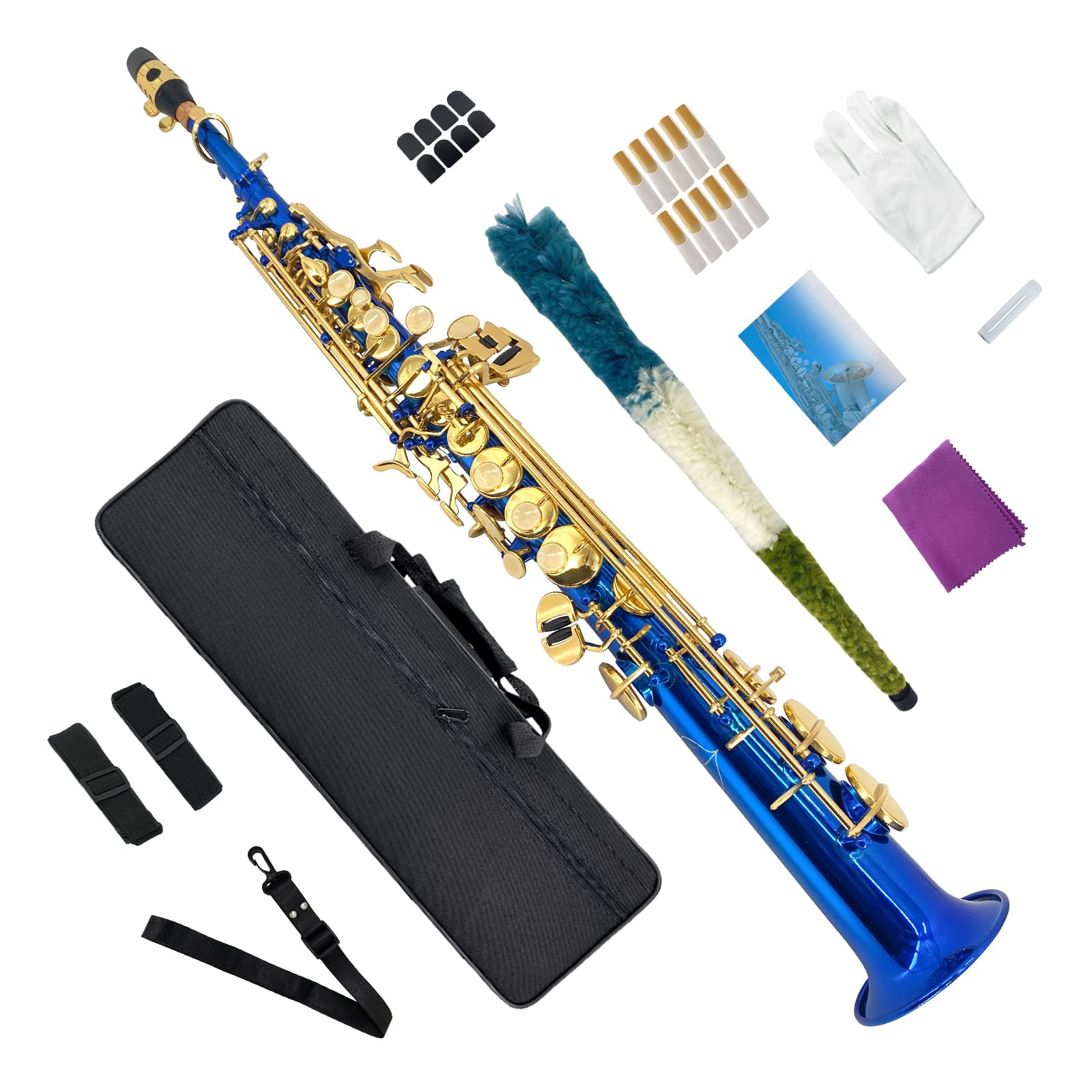 Saxofón soprano recto Bb de latón, instrumento de viento de madera, hermoso saxofón recto lacado azul para principiantes, juego combinado con funda de transporte y accesorios