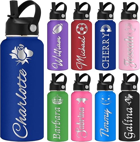 Miniatura 8 de Botellas de agua personalizadas con tapa de pajilla, botella de agua de acero inoxidable personalizada de 3240 onzas con nombres grabados,