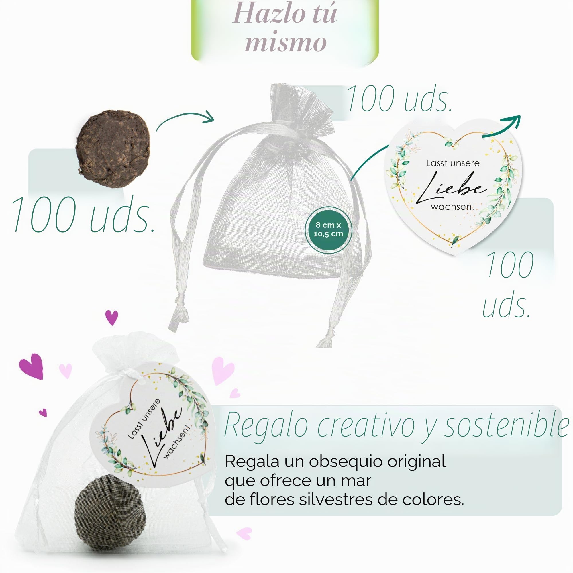Regalos para invitados para bodas Semillas de flores Bombas de semillas - Regalo especial de boda para invitados como regalo - Haz crecer nuestro amor Juego completo (juego de 50)