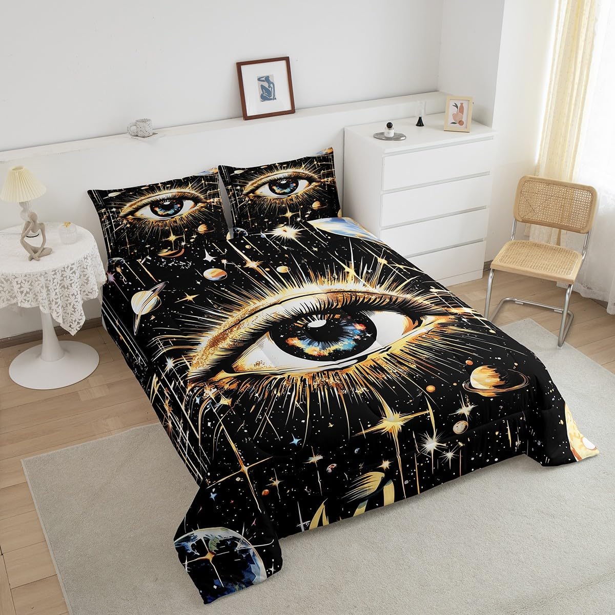 Feelyou Galaxy Evil Eye Comforter Set,Sun Moon and Star Print Bedding Set Queen Size,Boys Girls Bedroom Room Decor,Boho Eye Comforter,Soft Bed Set for All Season