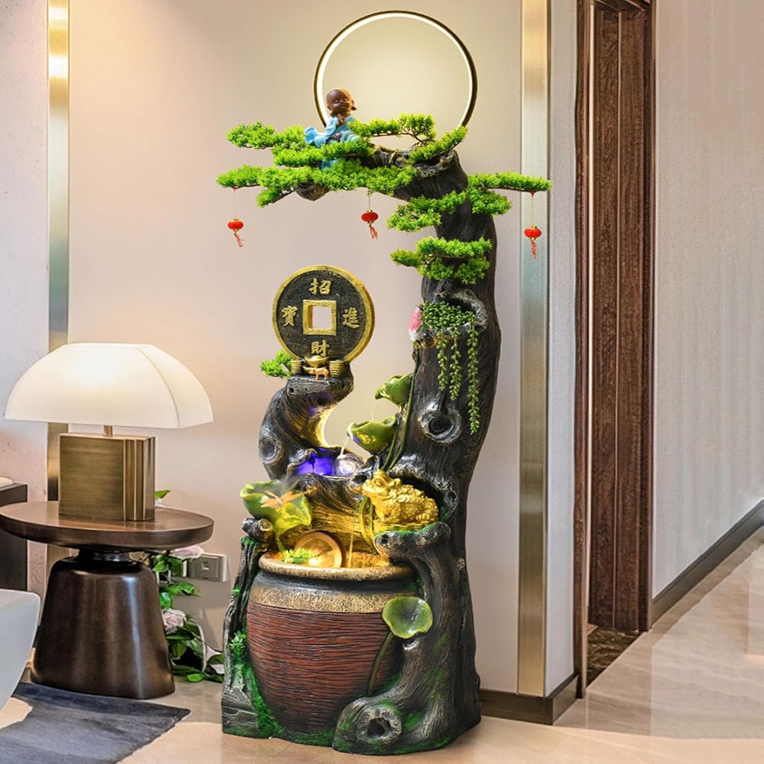 Fountain Floor Standing Water Fountain with LED Lights, Living Room Balcony Rockery Water Fountain, Outdoor Decoration Fountain for Gardens