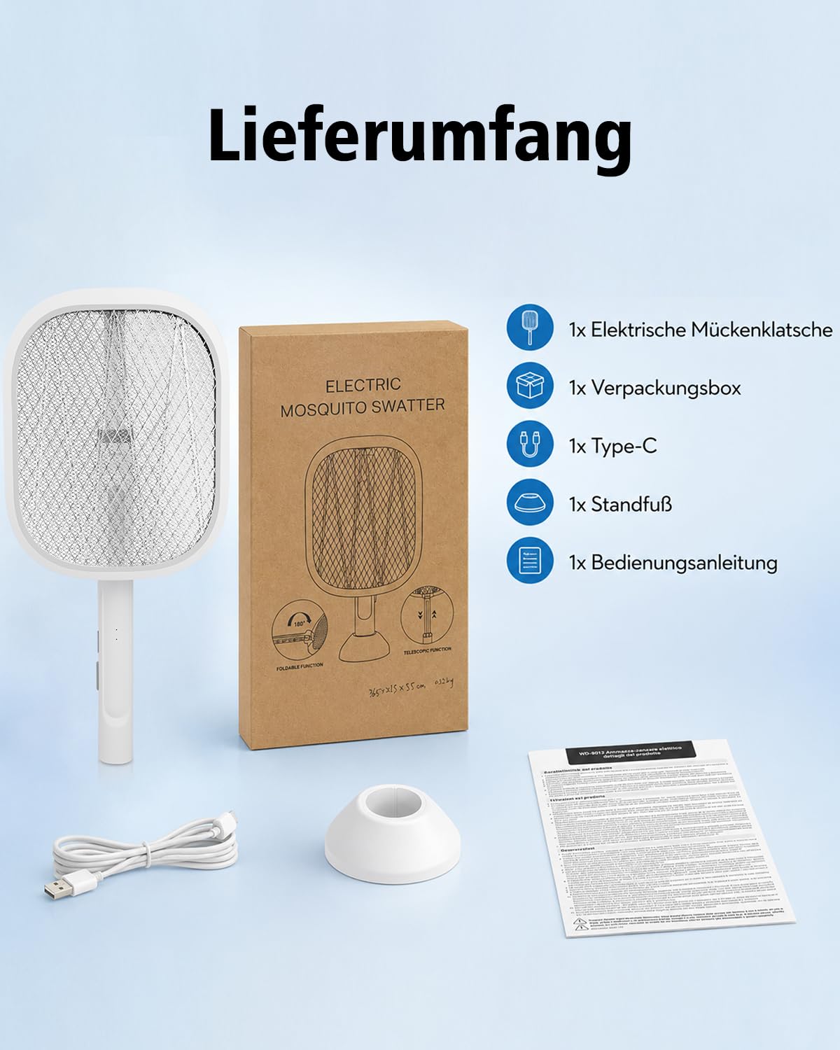 Elektrische Mückenklatsche 2-in-1 – Ausziehbarer Teleskop-Griff für Decken, 4200V Fliegenklatsche Elektrisch mit UV Lichtfalle, Klappbar mit Standfuß für Mücken & Motten