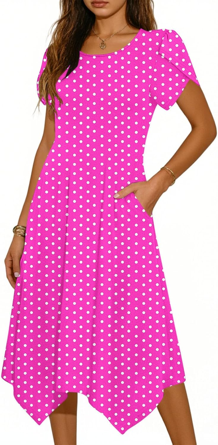 Polka Dots Petal Sleeve Dress for Women Summer Elegant Irregular Hem Loose Swing Casual Dresses with Pockets