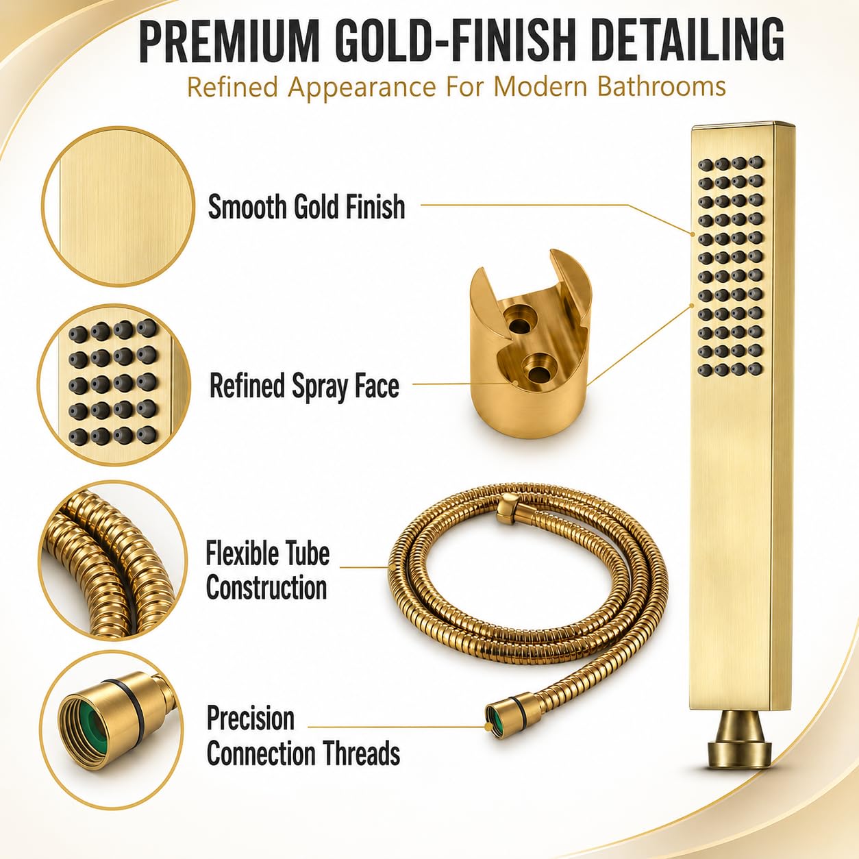 ZAP Ultra 5552 Gold Hand Shower with Flexible Shower Tube and Wall Holder, Bathroom Health Faucet Set for Bathing, Cleaning and Personal Hygiene, Pack of 1 4