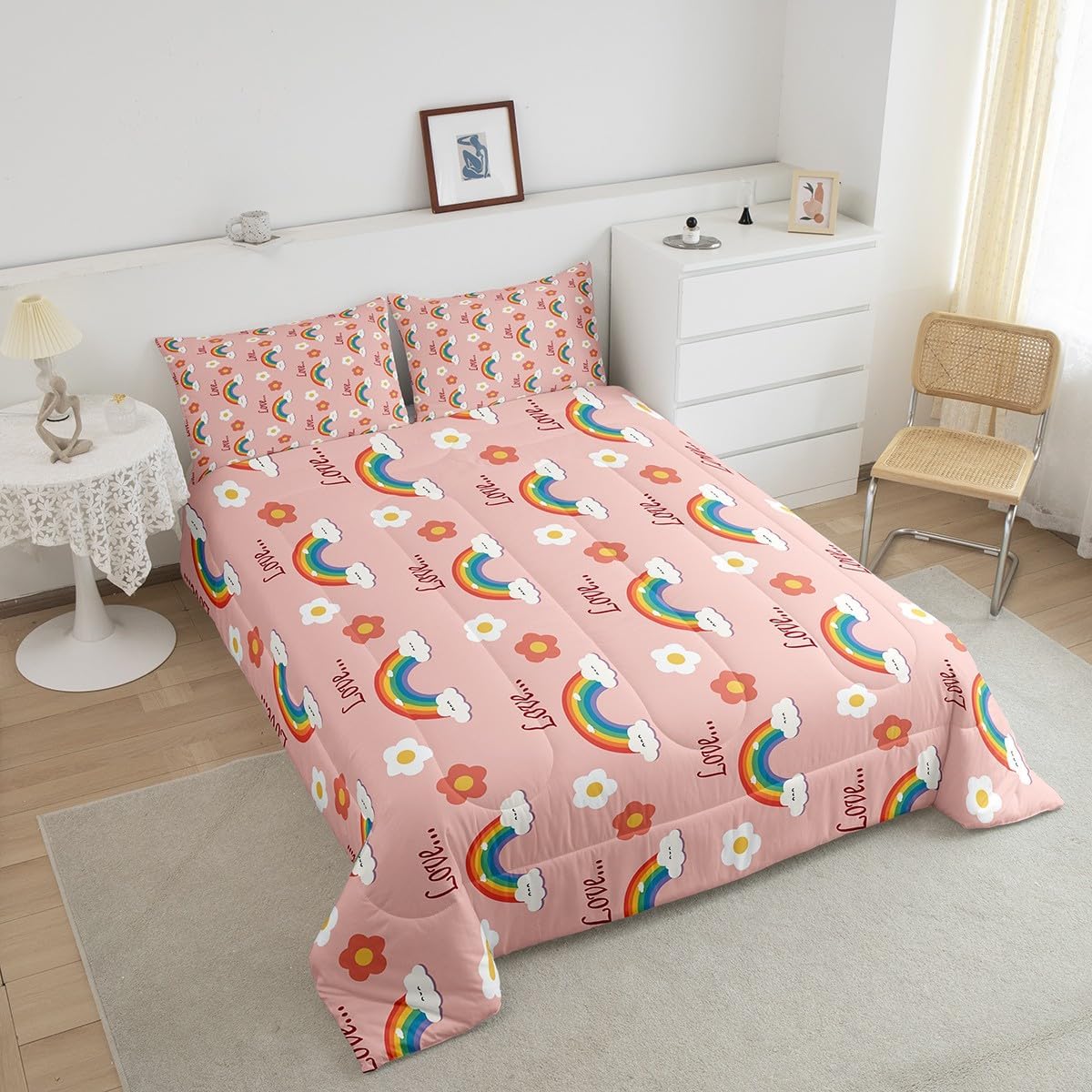Erosebridal Kids Rainbow Queen Comforter Set for Girls,Pink Rainbow Floral Bedding Set for Teens,Kawaii Decor Duvet Insert,Girly Love Themed Down Comforter Spring Room Decor with 2 Pillow Cases
