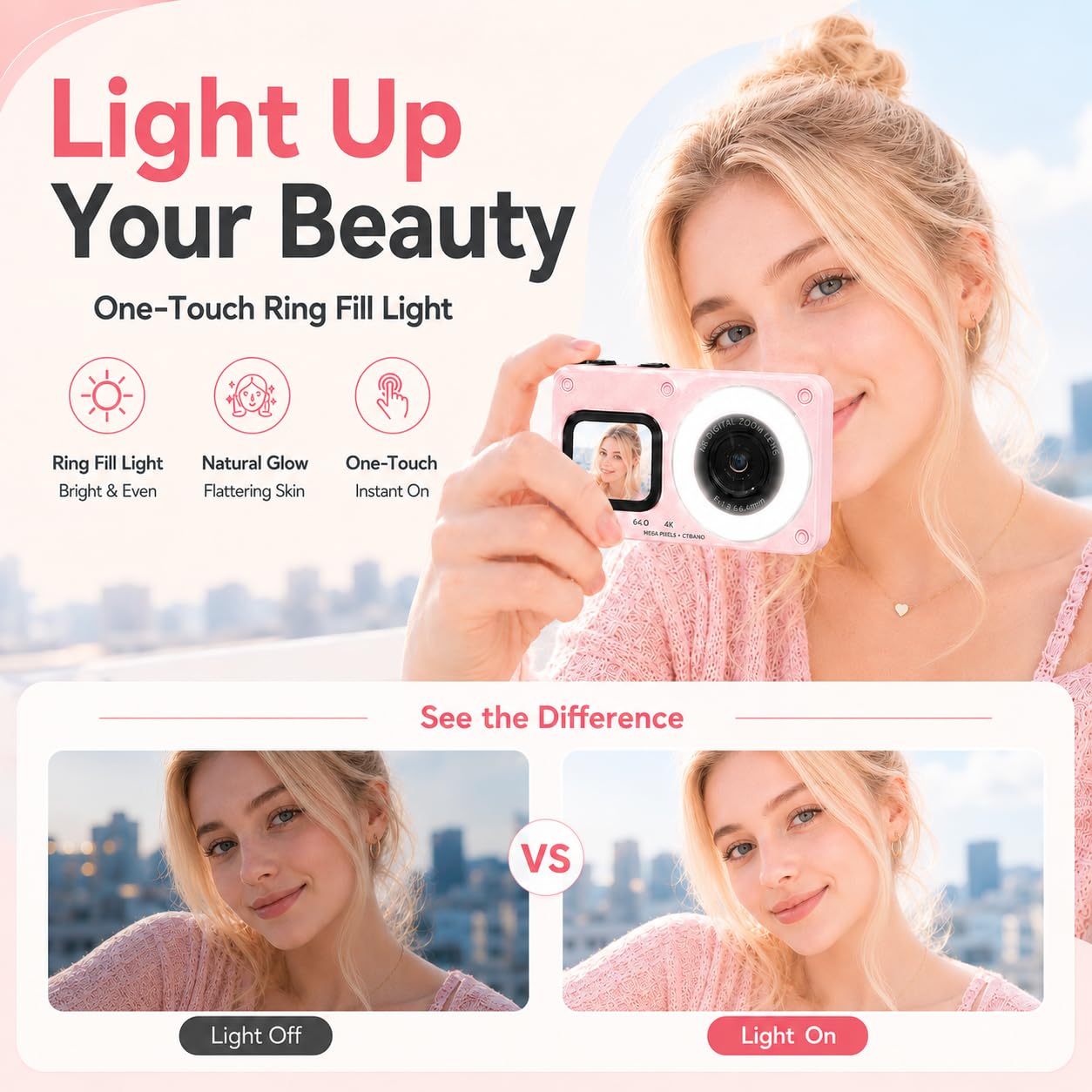 Digitalkamera 4K 64MP Vlogging Fotokamera Kompaktkamera 18X Digitalzoom Kamera mit 2 Bildschirme, Beauty Licht, 32GB SD Karte für Teenager Anfänger (Rosa + Beauty-Licht)
