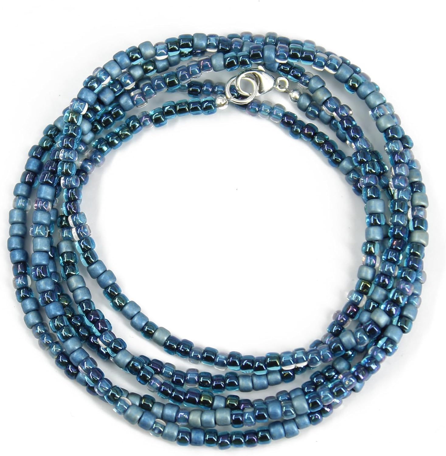 Handmade Multi Color Shibori Blue Seed Bead Necklace, Thin 2mm Single Strand Blue Beaded Necklace