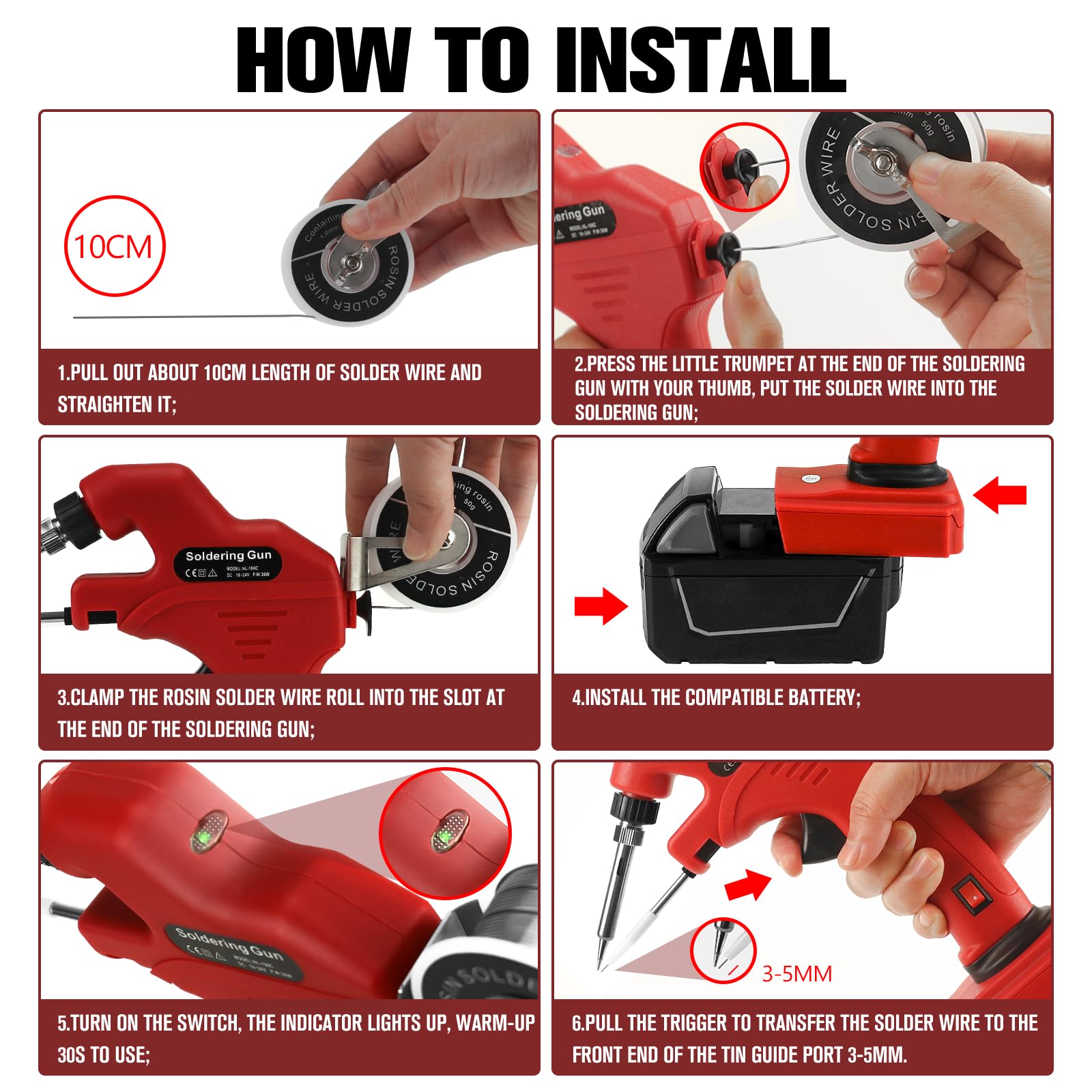 Soldador inalámbrico para batería Milwaukee de 18 V, pistola de soldadura de 30 W, kit de soldador de precalentamiento rápido de 30 segundos con cable de soldadura de 50 g y 5 puntas de soldadura para