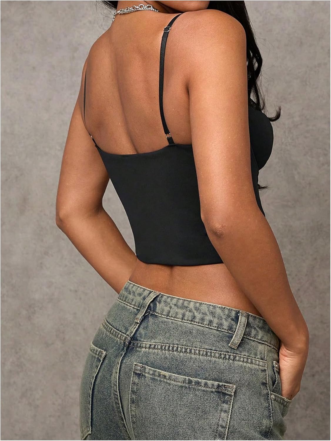 MakeMeChic Women's Lace Cami Shirt V Neck Bustier Corset Tops Spaghetti Strap Button Top - Image 2