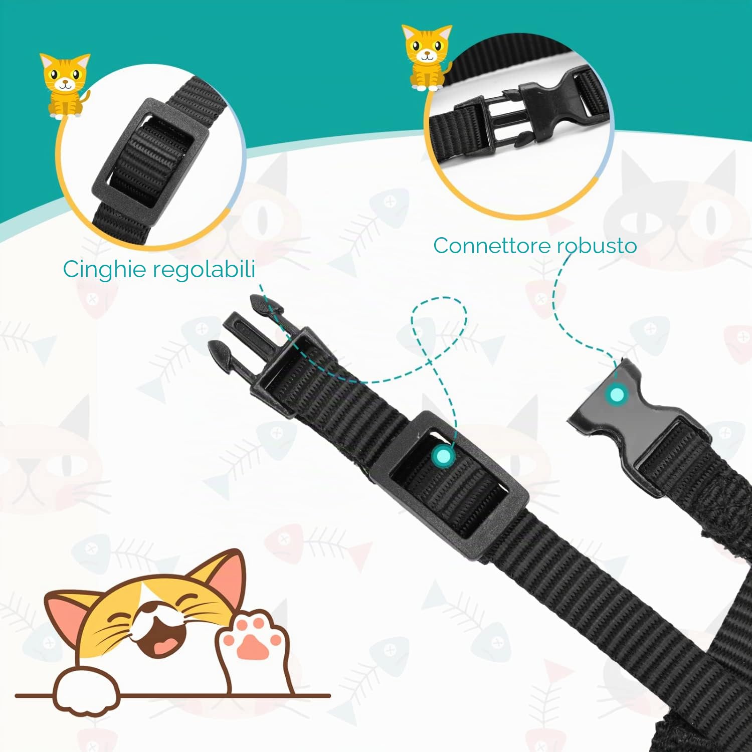 Nobleza Pettorina per Gatti con Guinzaglio Integrato, Imbracatura Regolabile per Gatti Piccoli e Cuccioli, Nero, Size W1.0*L120cm
