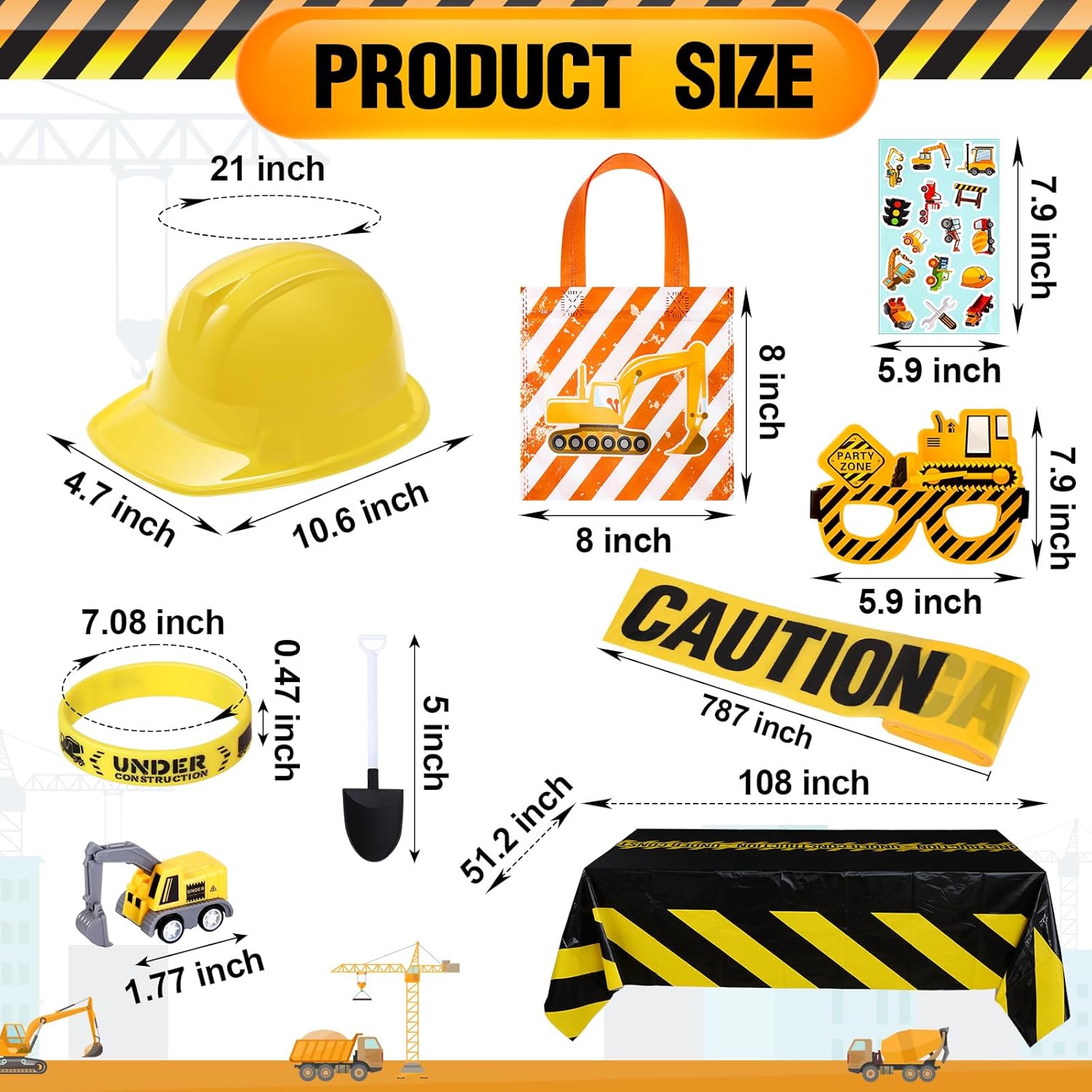 Sratte 148 Pcs Construction Birthday Party Supplies Include 12 Construction Hat, 24 Truck Toy, 24 Vehicle Sticker, 12 Silicone Bracelet, 12 Goodie Bag, 12 Paper Glasses, 50 Shovel, 1 Tablecloth 1 Tape
