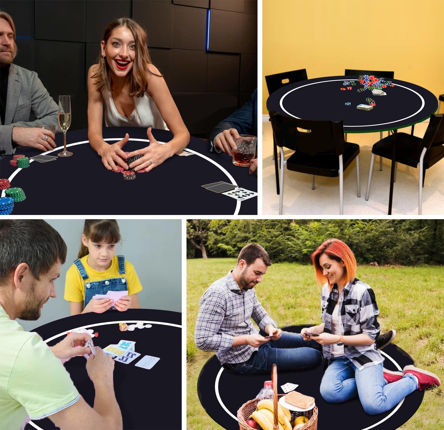 Texas Holdem Pokermatte 60/80/100/120/140cm Rund Tragbarer Pokertisch Pokerteppich Deco Layout Druck für 8 Spieler Spiellayout-Matte
