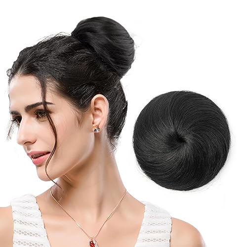 isheeny Moño de Cabello Humano Real Negro Azabache Moño Desordenado con Cordón, Chignon Falso en Forma de Dona Recogido para Mujeres Niñas y Damas