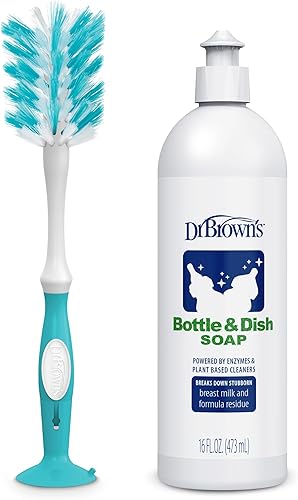 Miniatura 1 de Dr. Brown's Cepillo de limpieza reutilizable de lujo para biberones, color azul, paquete de 1 y jabón para platos sin fragancia, 16 onzas