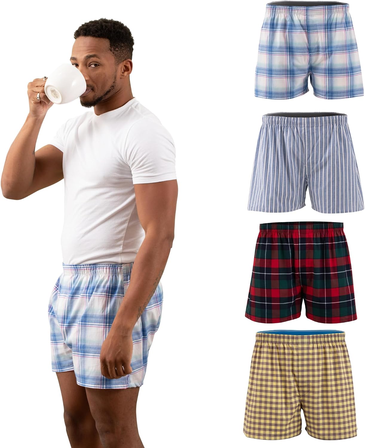 Men's Woven Boxer Shorts 4-Pack, Breathable Loose Fit Underwear with Soft Waistband, All-Day Comfort