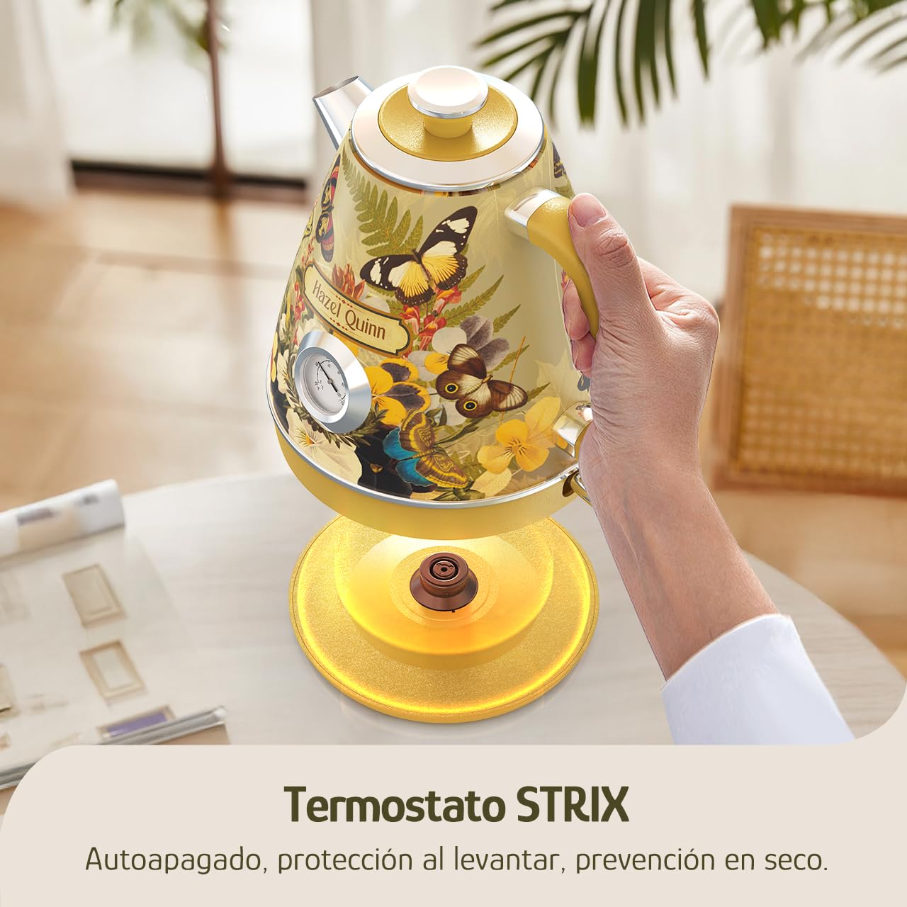 Hazel Quinn Hervidor Eléctrico con Termómetro, 1.7 L Sin Cable de Acero Inoxidable, Libre de BPA, Base 360°, Apagado Automático y Protección contra Hervido Seco, Diseño Retro