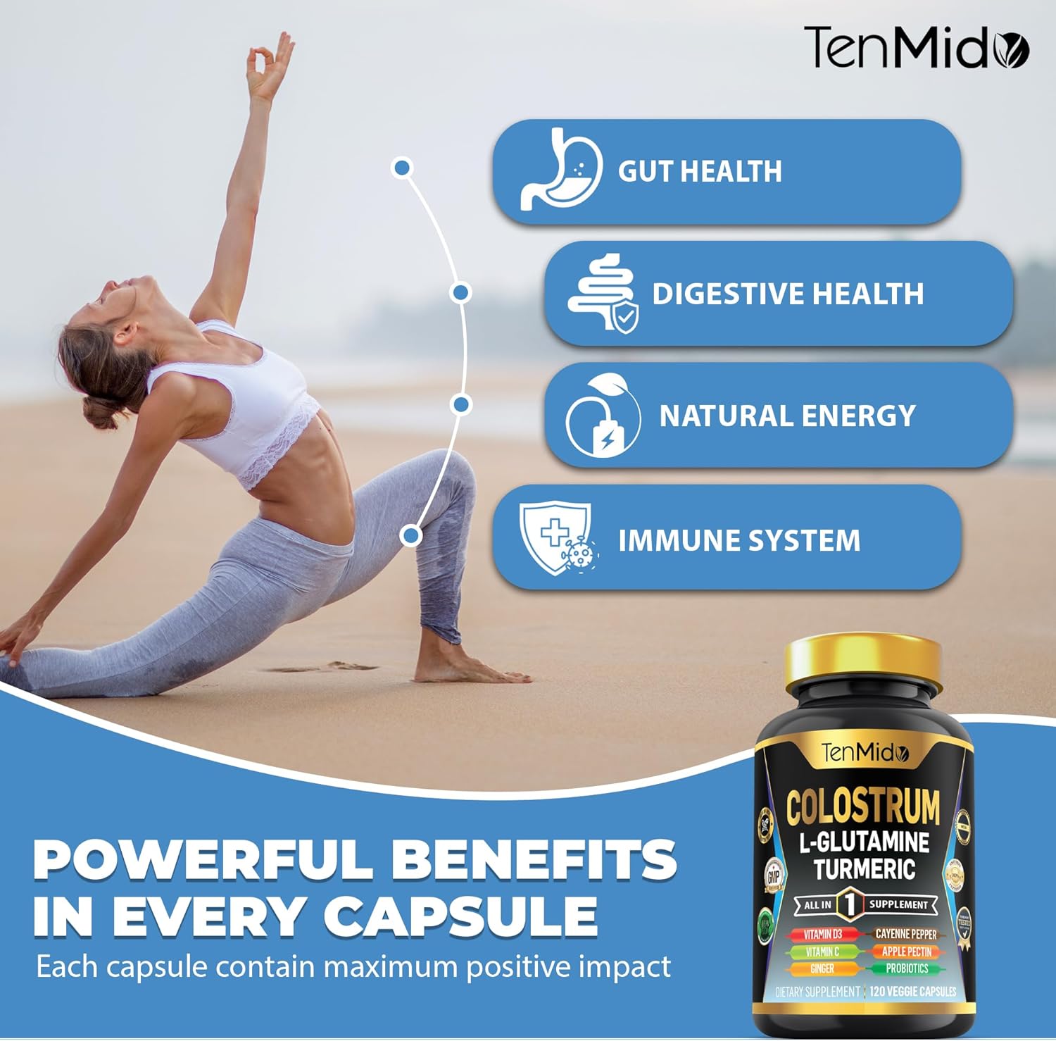 Colostrum Supplement - 10in1 Formula - Combine with L- Glutamine, Turmeric, Cayenne Pepper, Apple Pectin, Probiotics, Ginger, and More - Digestive Health, Immune Support - 120 Capsules - Image 5