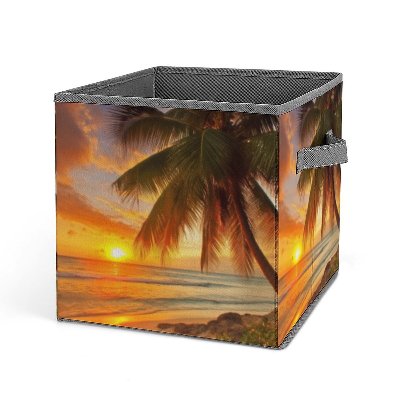 JTREHY Tropical Beach Palm Tree Sunset Printed Foldable Storage Box, 10.6 Inches Fabric Storage Box for Wardrobe, Bedroom, Utility Room