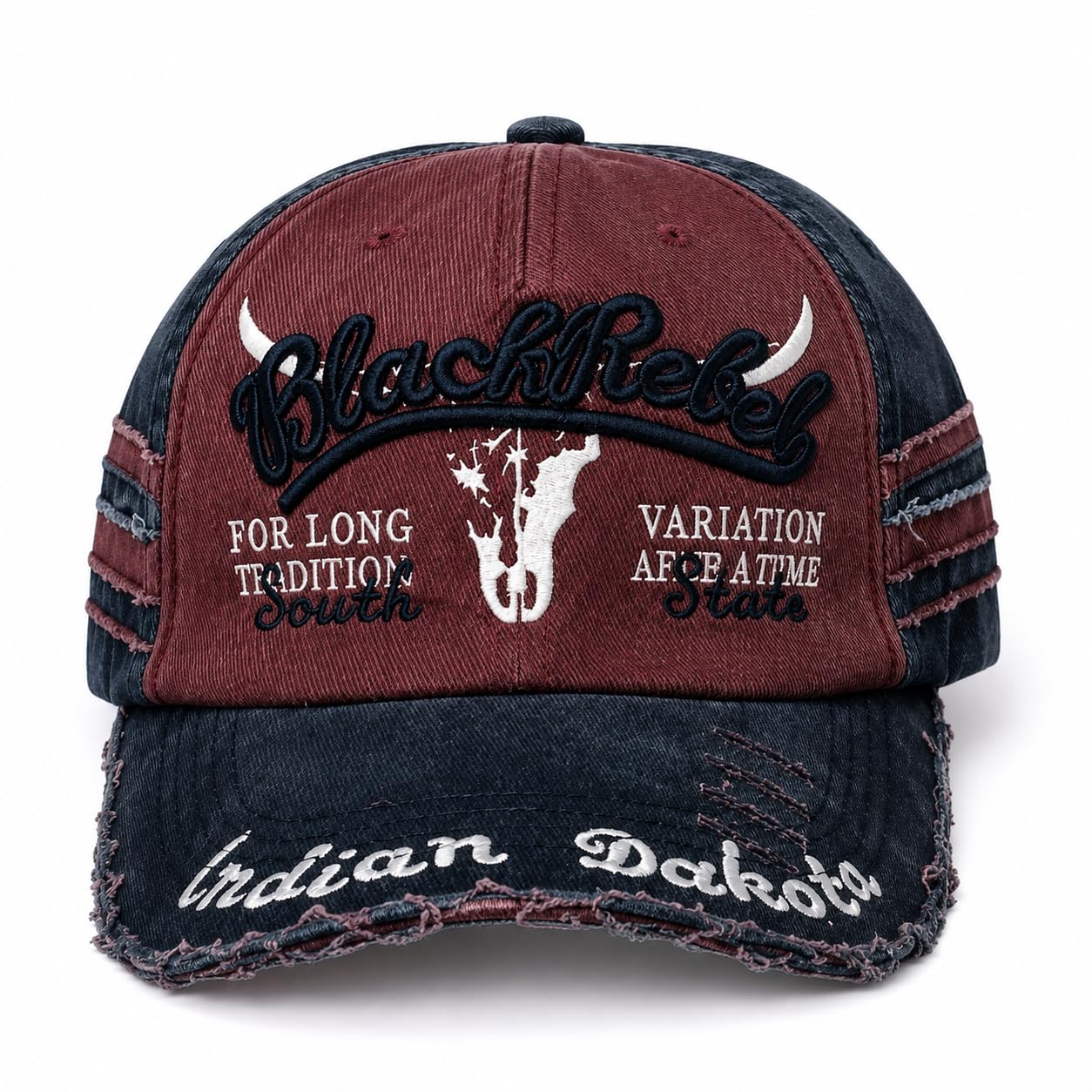 Vintage Distressed Baseball Cap for Men & Women | Adjustable Cotton Denim Cap | Embroidered Black Rebel Design | Casual Outdoor Sports Hat | Maroon & Black-picture-21