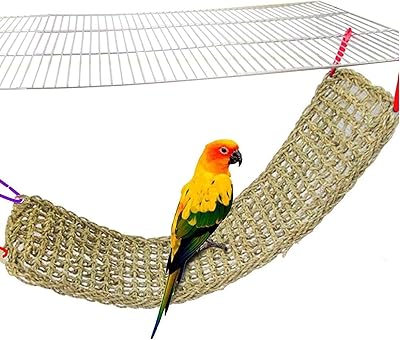 Bird Seagrass Mat,Natural Grass Woven Net Hammock Hanging on Parrot Cage with 4 Hooks,Parakeet Climbing Rope Ladder Chew Toys for Lovebird Cockatiel Conure Budgie,Cockatoo Supplies 28.3" x 6.7"