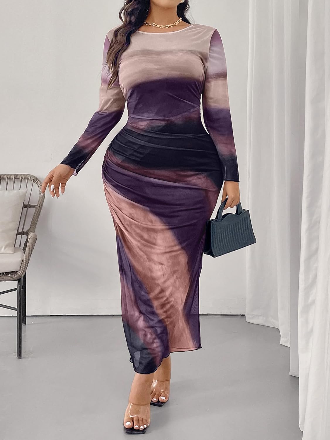 Milumia Women's Plus Size Tie Dye Ruched Bodycon Maxi Dress Long Sleeve Mesh Dresses - Image 5
