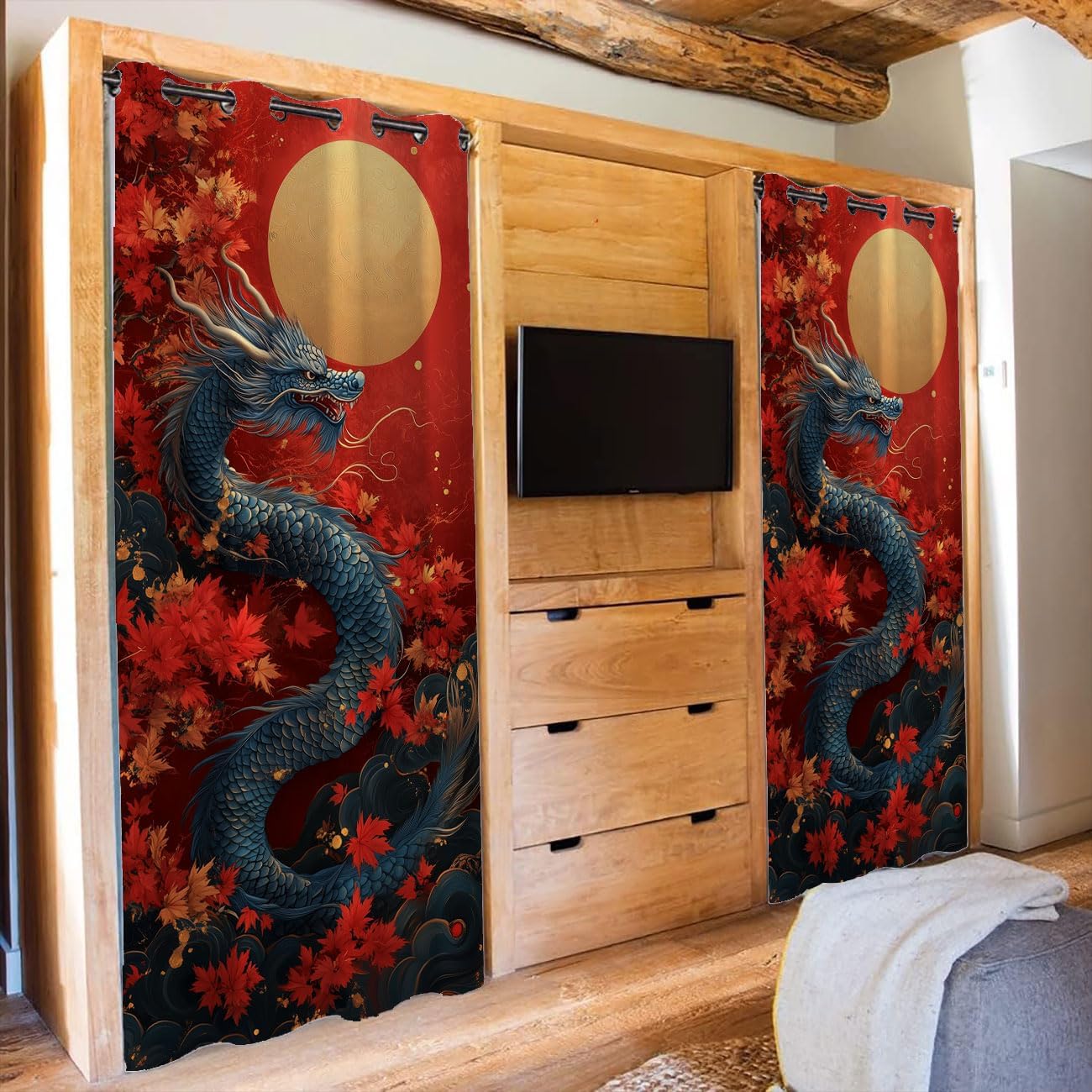 Blue Dragon Door Curtain for Doorway Moonlight Red Maple Tree Ink Painting Room Darkening Blackout Curtain for Privacy Bedroom Doorway Living Room, 1 Panel 42" W X 80" L