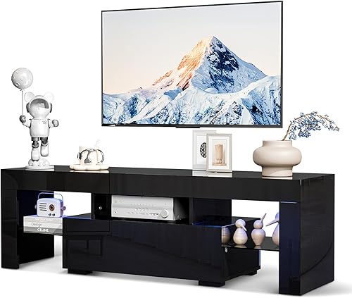 VINGLI Soporte de TV LED, centro de entretenimiento moderno de 51 pulgadas con luces LED y almacenamiento para TV de 40/43/50/55 pulgadas (negro, 51