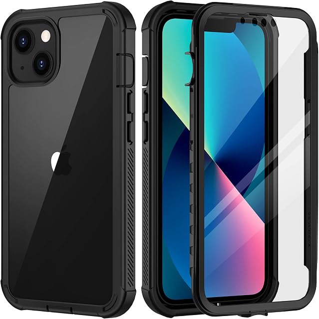 seacosmo Shockproof for iPhone 14 Case/iPhone 13 Case with Built-in Screen Protector Full Body [10 FT Mil-Grade Drop Protection] Front and Hard Back with Soft Bumper Airbag Cover 6.1-Black