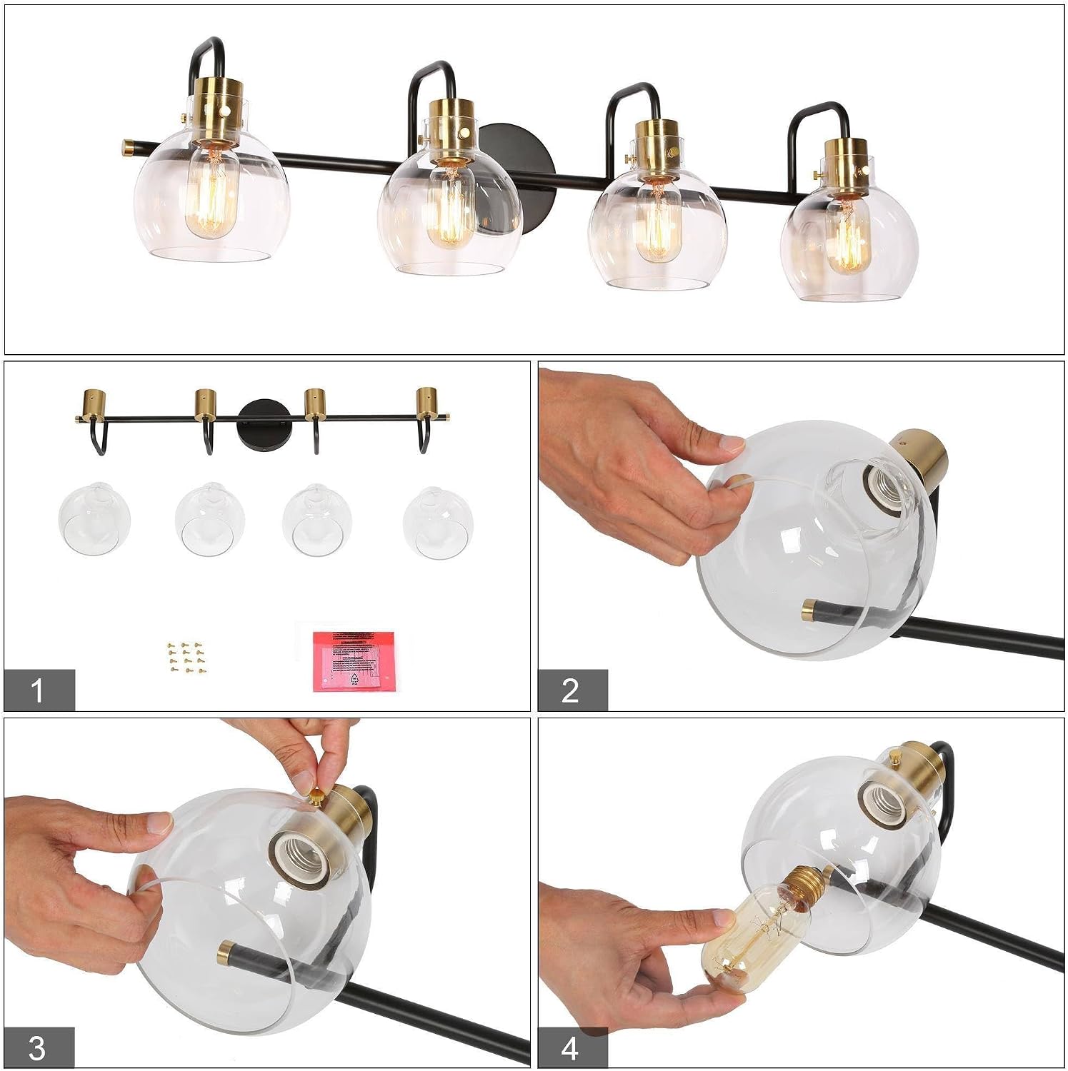 KSANA Bathroom Light Fixtures, Black and Gold Vanity Lights for Bathroom, 4 Light Bathroom Vanity Light 32 inch Large Wall Mounted Lighting Fixture