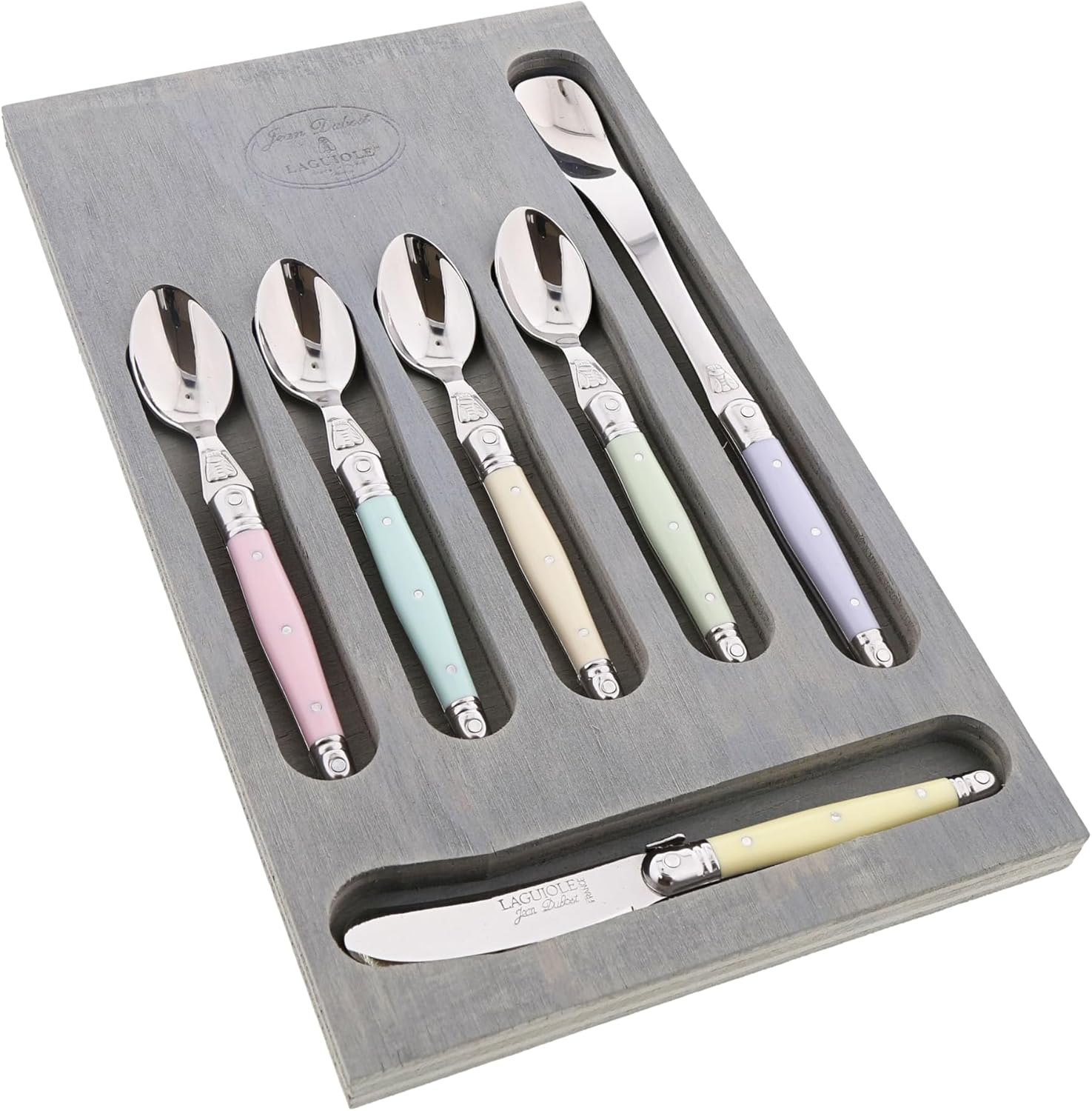 Jean Dubost Laguiole 6-Piece Coffee & Tea Set, Pastel Handles - Rust-Resistant Stainless Steel - Includes Wooden Tray - Made in France