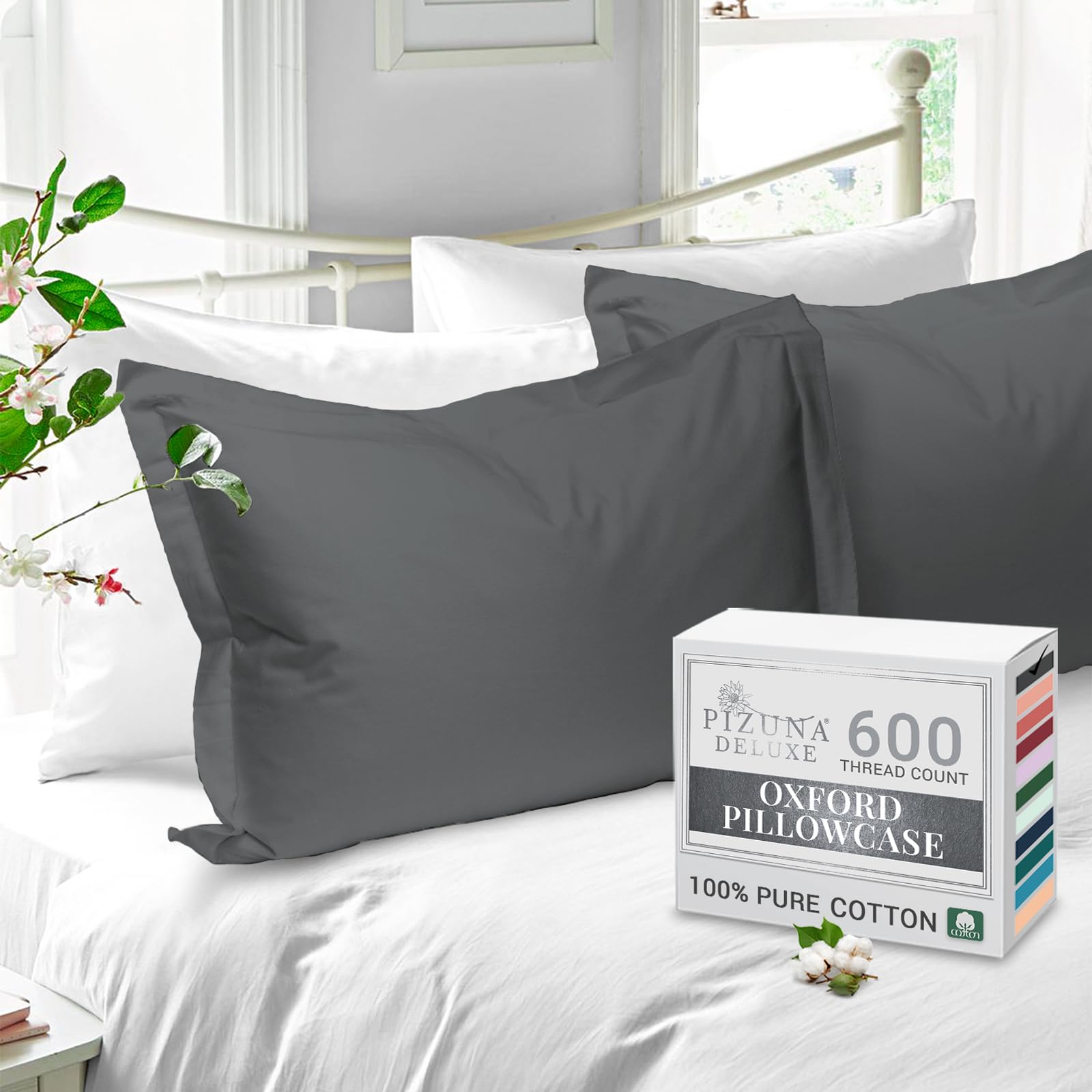 Pizuna Pure Cotton Standard Pillowcases 2 Pack Dark Grey 50x75cm, 600 Thread Count Long Staple Combed Cotton Crisp Pillow Cover, Soft Sateen Oxford Pillow Cases (Cooling Pillowcase)