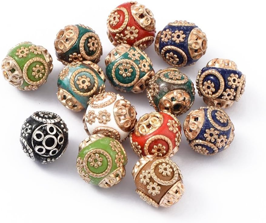 Pandahall 100pcs Golden Round Handmade Indonesia Beads with Floral Capped Ends Colorful with Alloy Cores for Jewelry Makings