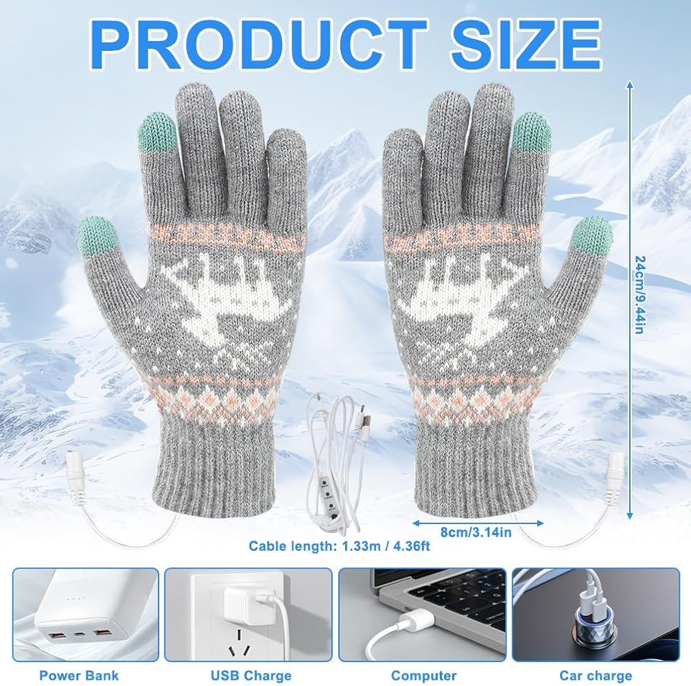 WDKXCN USB Beheizte Handschuhe, Beheizbare Handschuhe Damen, Strickhandschuhe Beheizbar, TouchscreenHandschuhe, Einstellbare Temperatur, Wärmende Handschuhezum Stricken für Drinnen Draußen Fashion