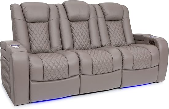 Seatcraft Anthem Home Theater Seating Gray Sofa with Fold Down Table | Italian Leather, Powered Headrest, Power Recline, USB-A charging, Fold-Down Table