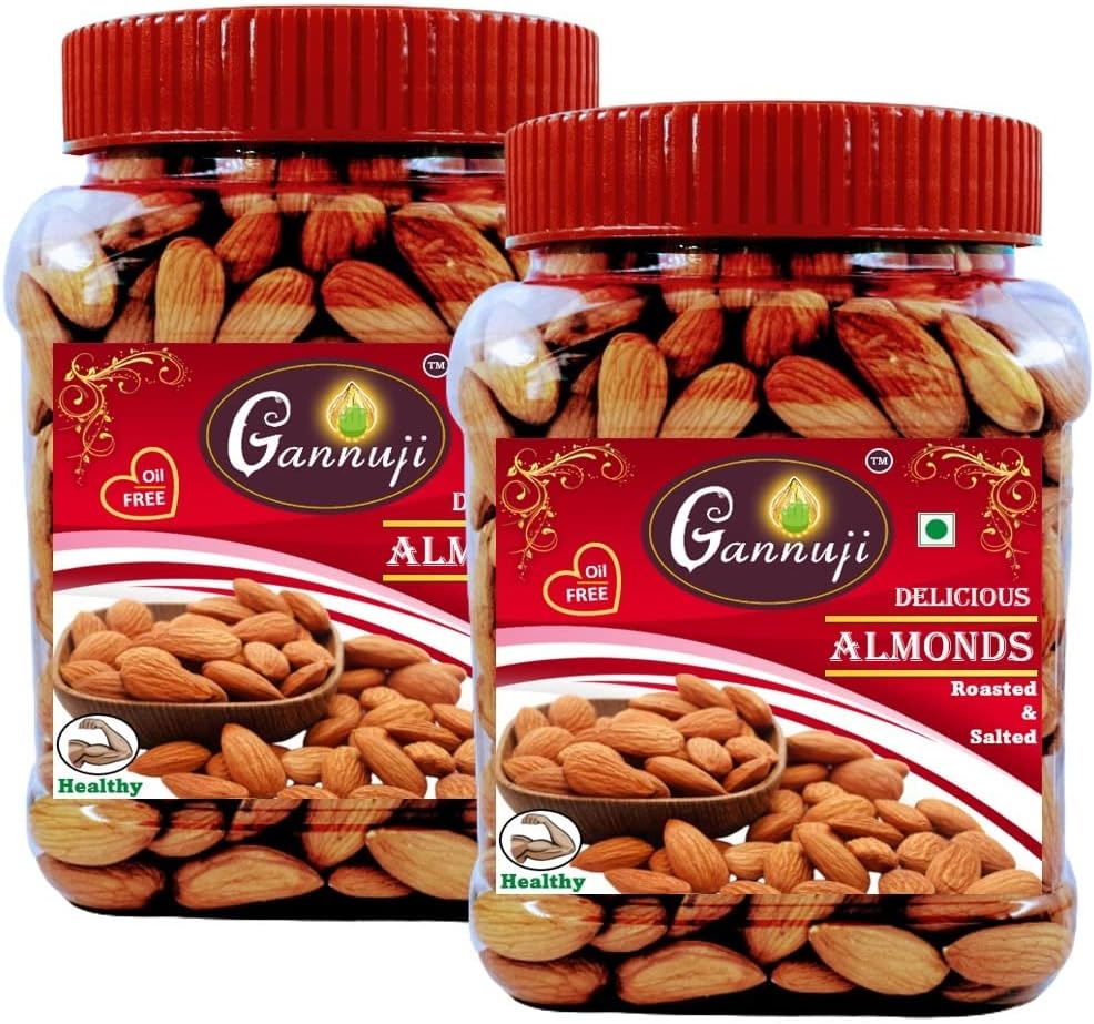 Gannuji Premium Californian Roasted & Salted Almonds 1000g, Oil Free, High Protein Snack and Super Healthy Crunchy Nuts (500gm X 2 Jar), 1kg