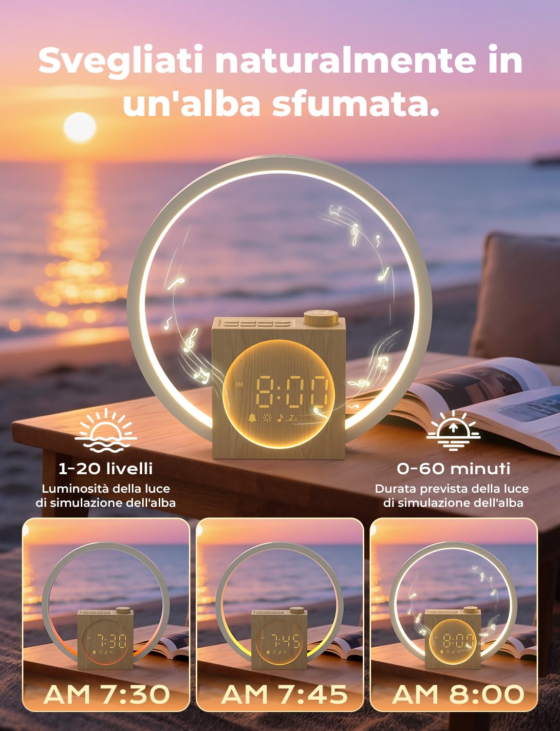 LIORQUE Sveglia Luminosa con Rumore Bianco, 30 Suoni, Alarma Snooze | Timer Spegnimento, Volume e Luminosita Regolabili, Luce Notturna Colori Dinamici, Adattatore Incluso