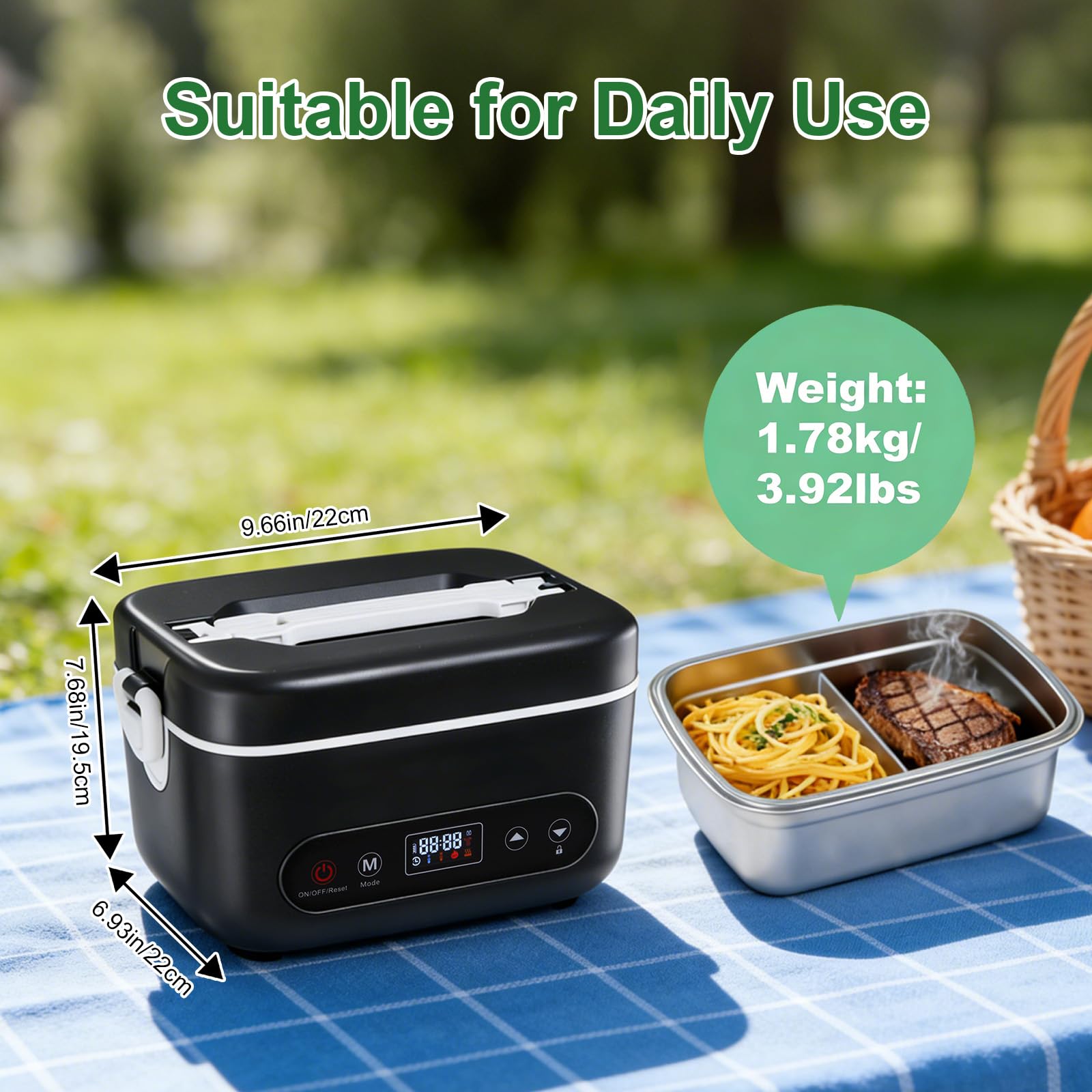 Fiambrera Eléctrica Inalámbrica, Fiambrera Calefactable a Batería para Adultos Calentador de Alimentos Portátil de Acero Inoxidable con Vajilla y Bolsa Aislante para Coche Trabajo Viajes(1,2L)