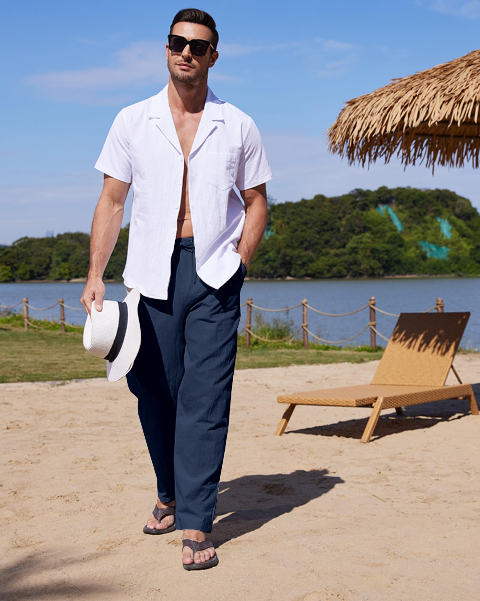 YAOHUOLE Pantalon en lin pour homme - Coupe ample - Pantalon de yoga - Jambes droites