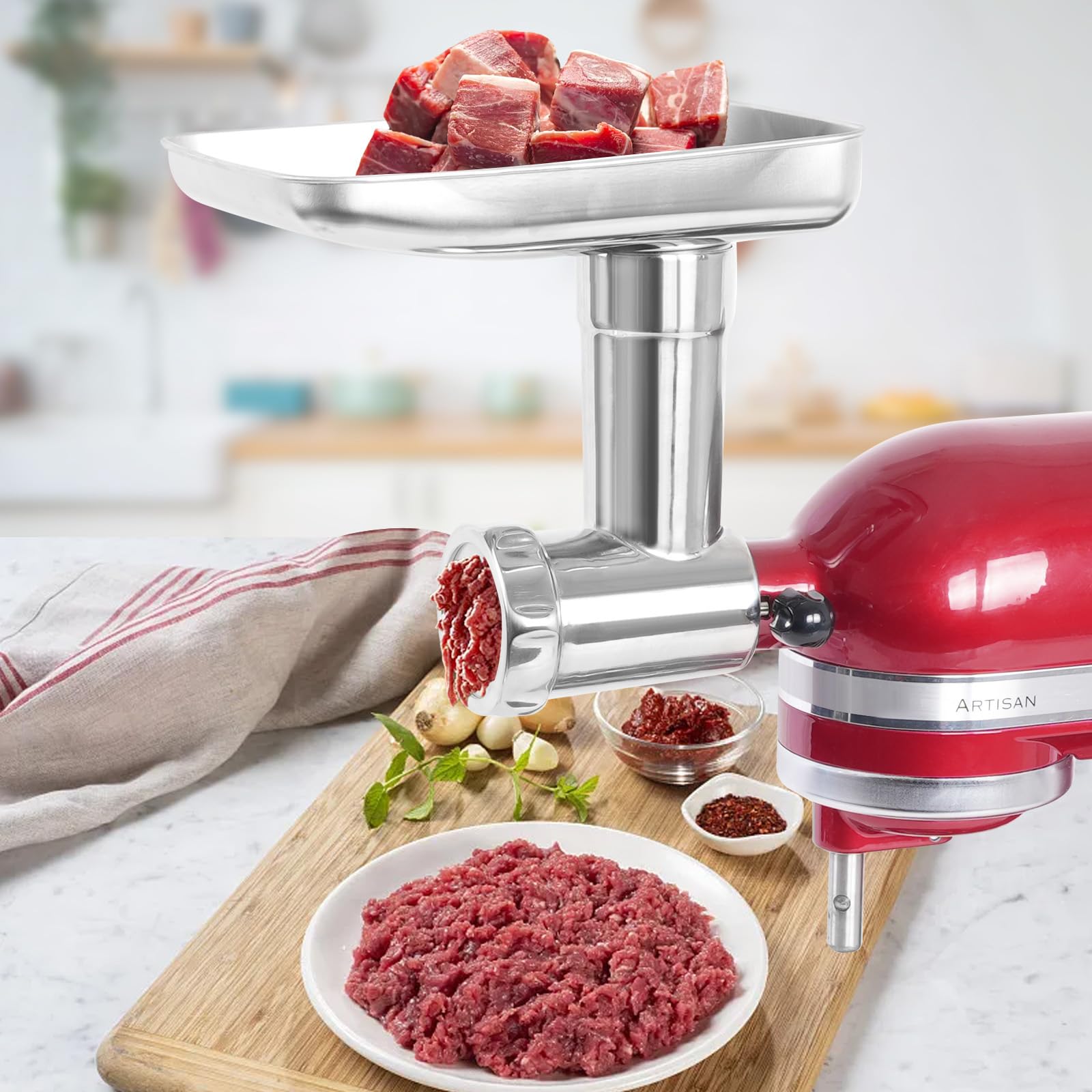 Edelstahl Fleischwolf für KitchenAid Mixer, Fleischwolfaufsatz für Kitchenaid Standmixer, spülmaschinenfest