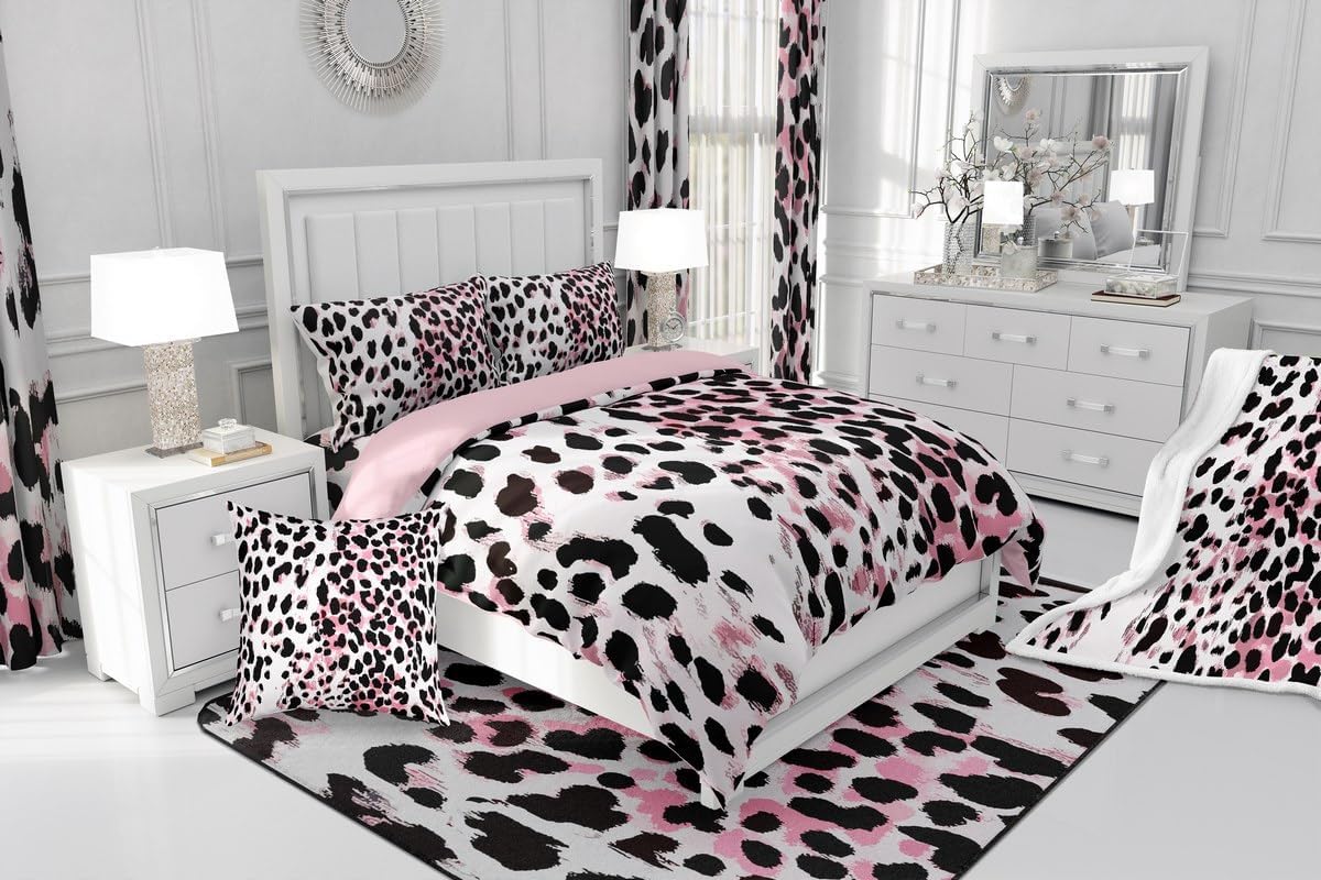 jejeloiu Pink Black Leopard Comforter Set Twin Size Kids Cheetah Bedding Set for Boys Girls Teens Animal Print Duvet Breathable Safari Quilt Bedroom Decor,1 Comforter with 1 Pillowcase