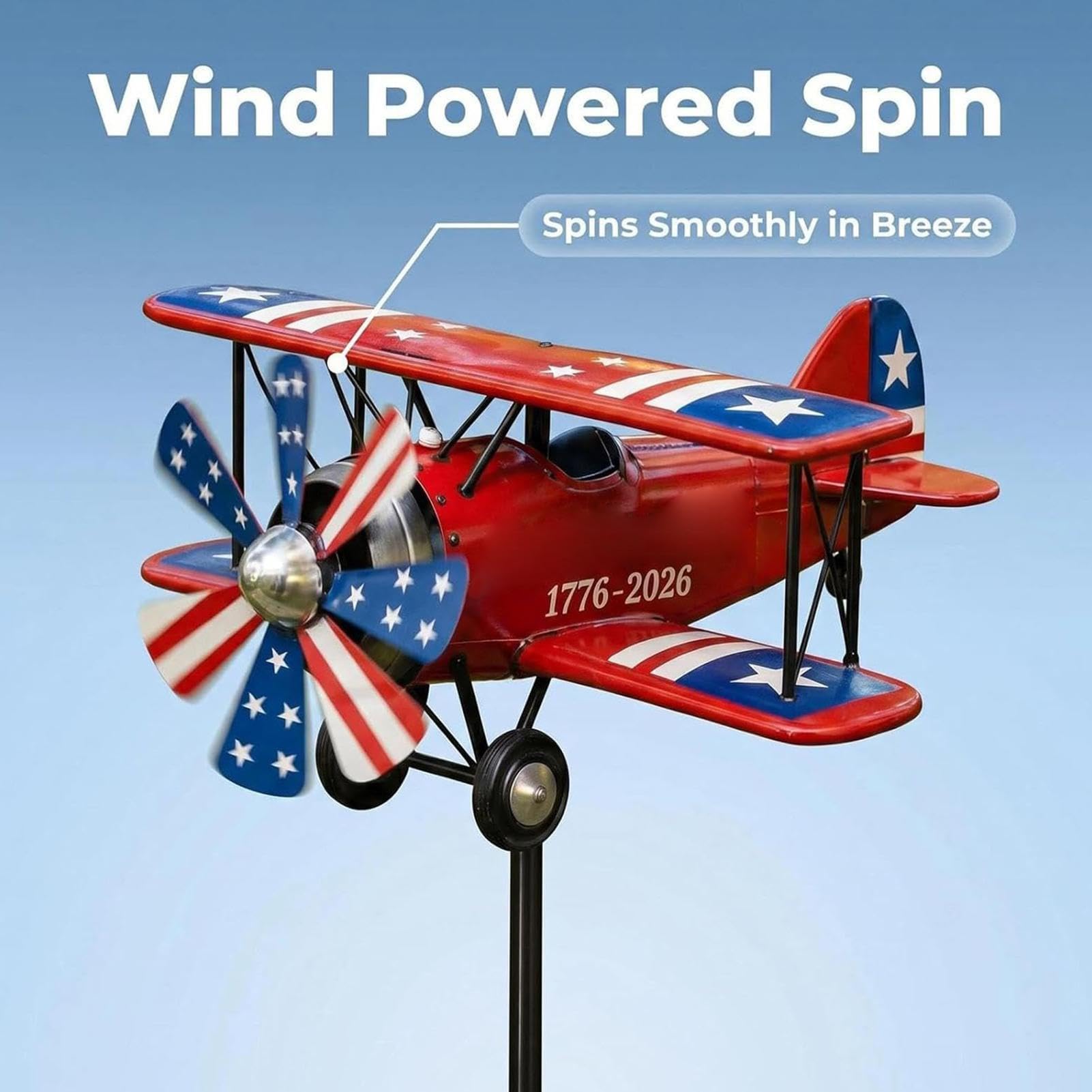 Airplane Yard Wind Spinner - 4th of July Biplane Pinwheel Garden Windmill | Patriotic Outdoor Lawn Decoration Rotating USA for Garden, Patio, Porch, Landscape Decor