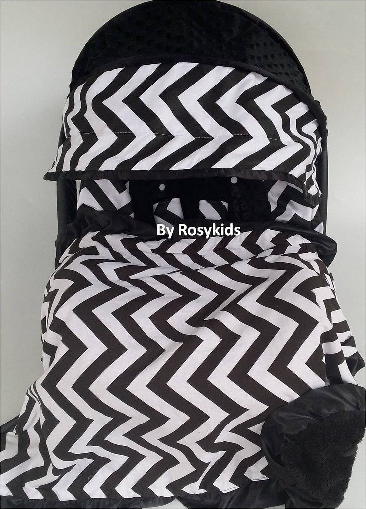 Rosy Kids Infant Carseat Canopy Cover 4pc Whole Caboodle, Baby Car Seat Cover Baby Blanket Outdoor Kit, Cotton Chevron Print, Black