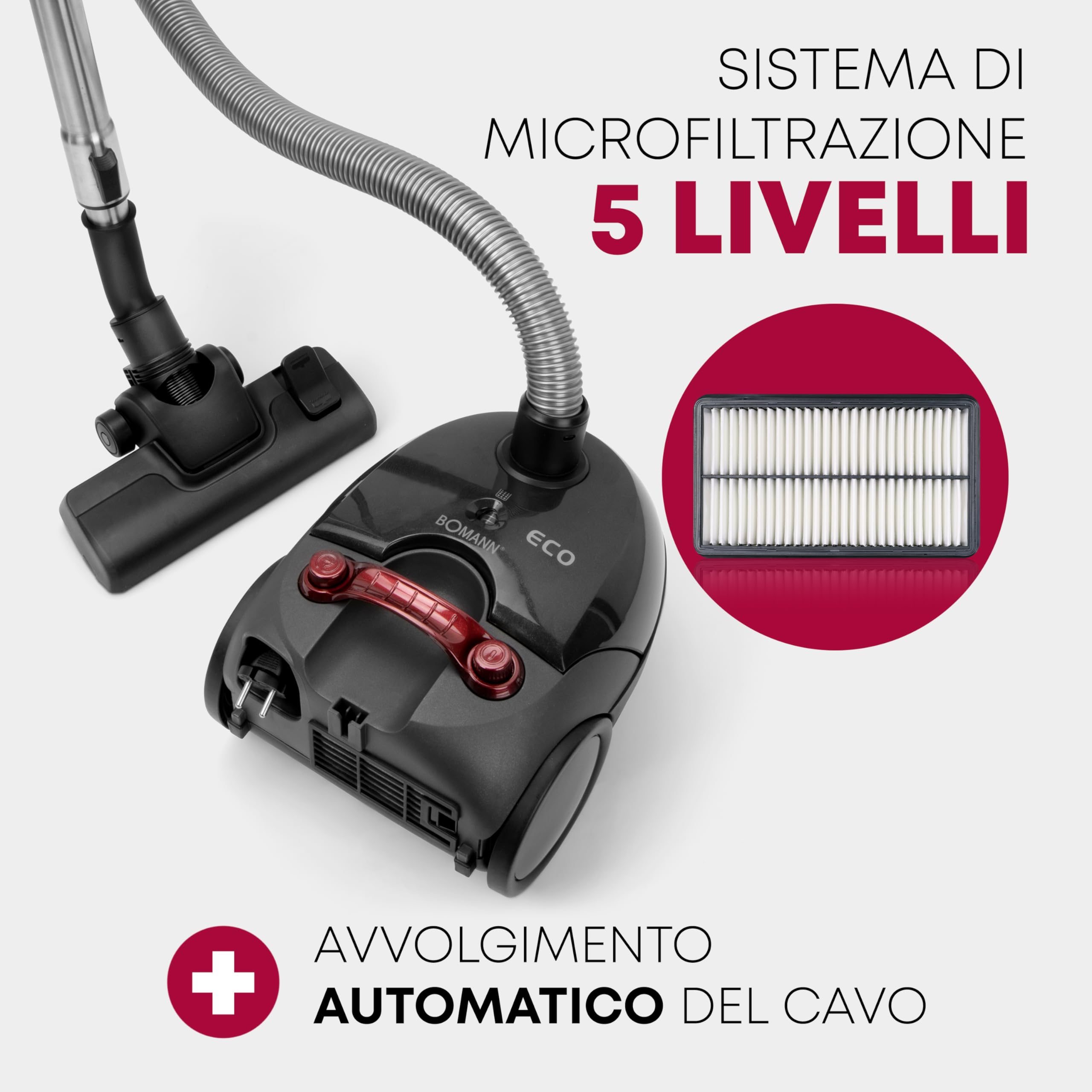 Bomann® Aspirapolvere ermetico | risparmio energetico | 700 Watt | sistema di microfiltraggio a 5 pieghe | con sacchetto | spazzola/bocchetta | BS 9019 CB N antracite