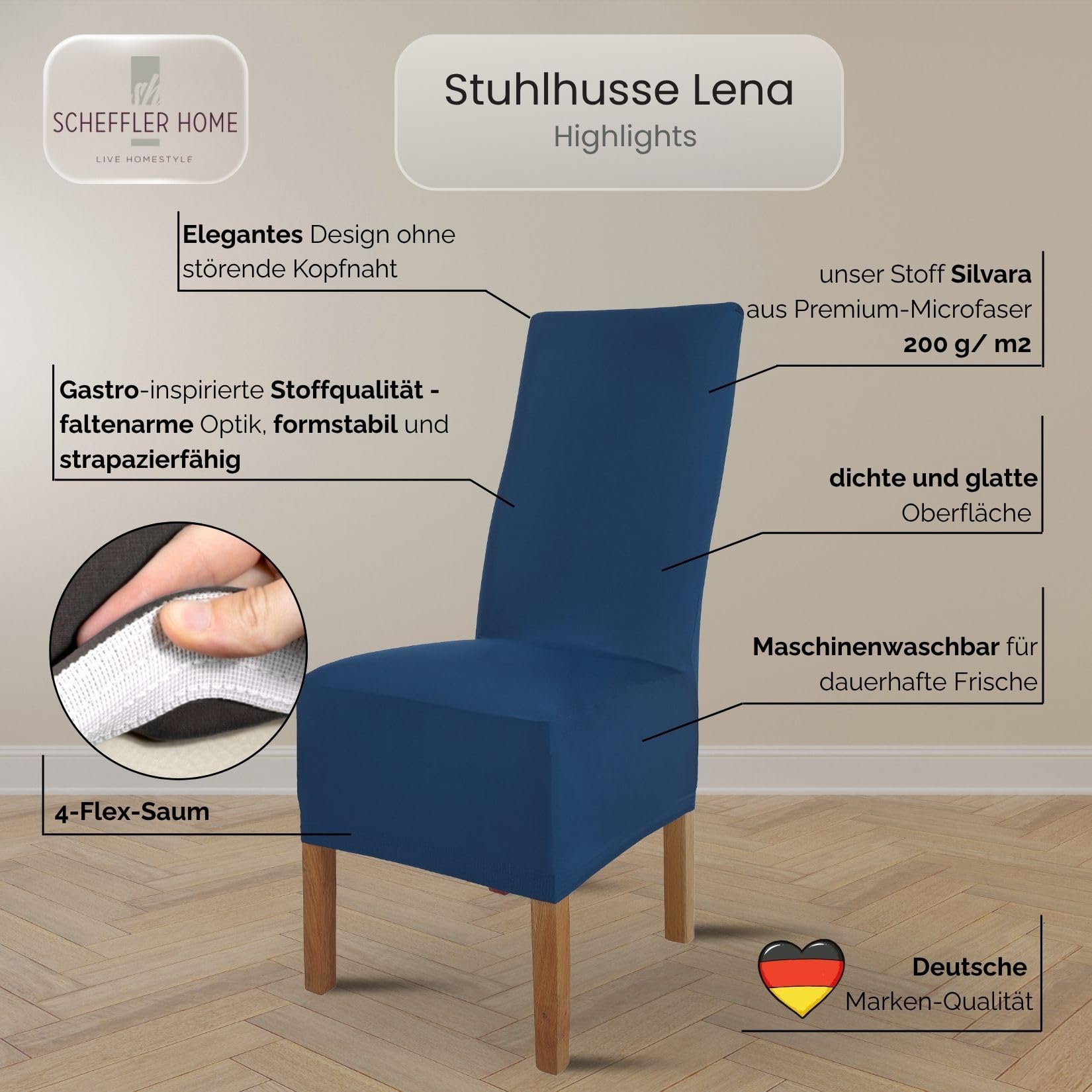 SCHEFFLER-Home Fundas Sillas de Comedor Elásticas Lena – Set de 6 Elegantes Fundas Sillas Ajustables – Fundas para Sillas con Banda Elástica, Azúl